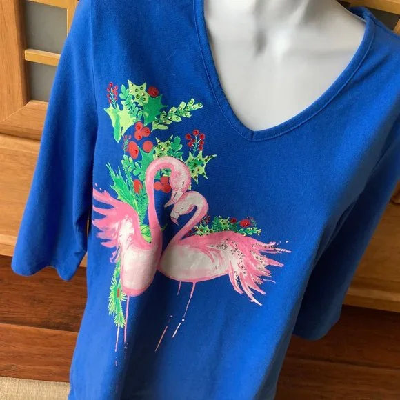 Coral Bay Holiday Royal Blue Top with Pink Flamingos Large - Picture 2 of 6
